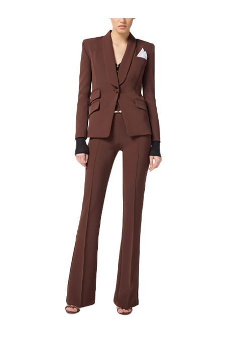 Tailleur ELISABETTA FRANCHI donna TP00156 Marrone blazer patte taschino logo ricamato bottone pantalone linea svasata zip invisibile slim ELISABETTA FRANCHI | Tailleur | TP00156EA3